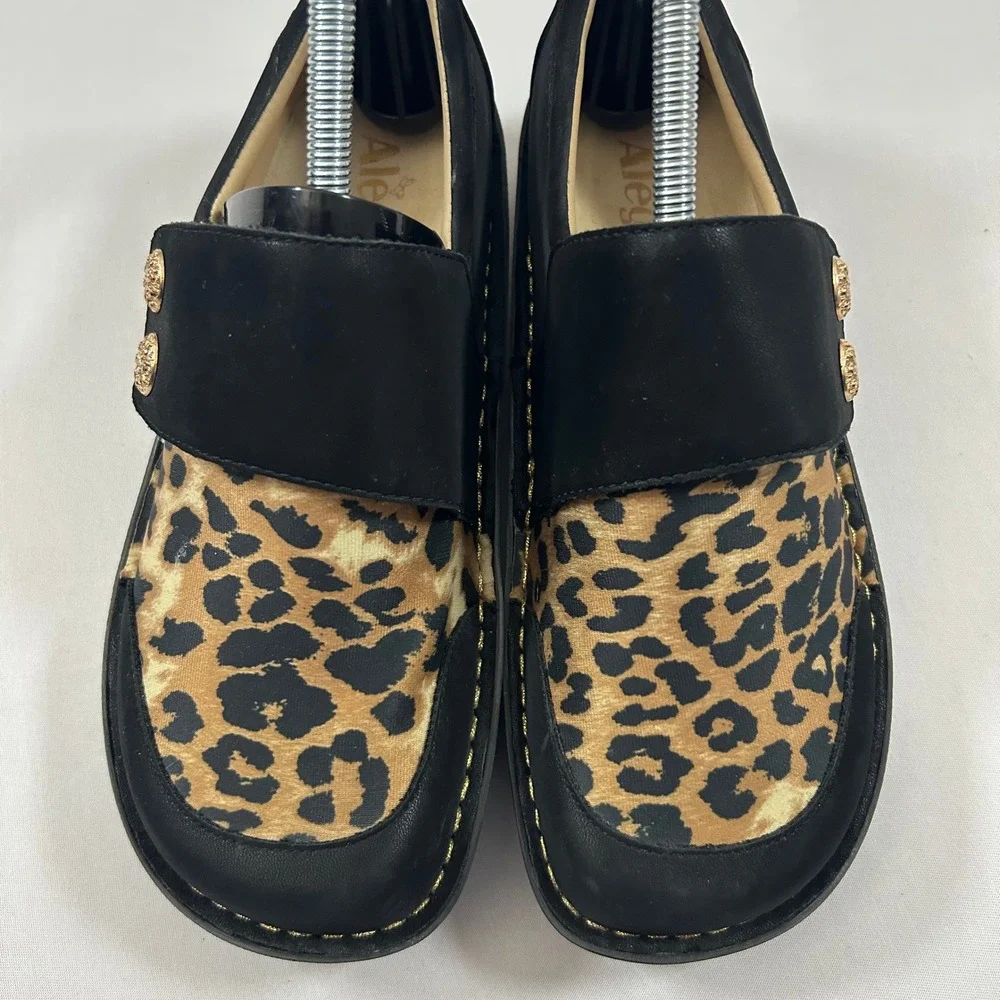 Alegria Loafers Womens 37 / 7 Black Sarah Leopard Animal Print Leather Hook Loop - Picture 2 of 11